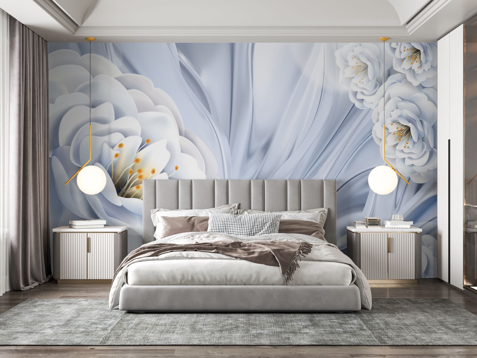 Fototapet muguri mari albi ca zăpada și frunze verzi