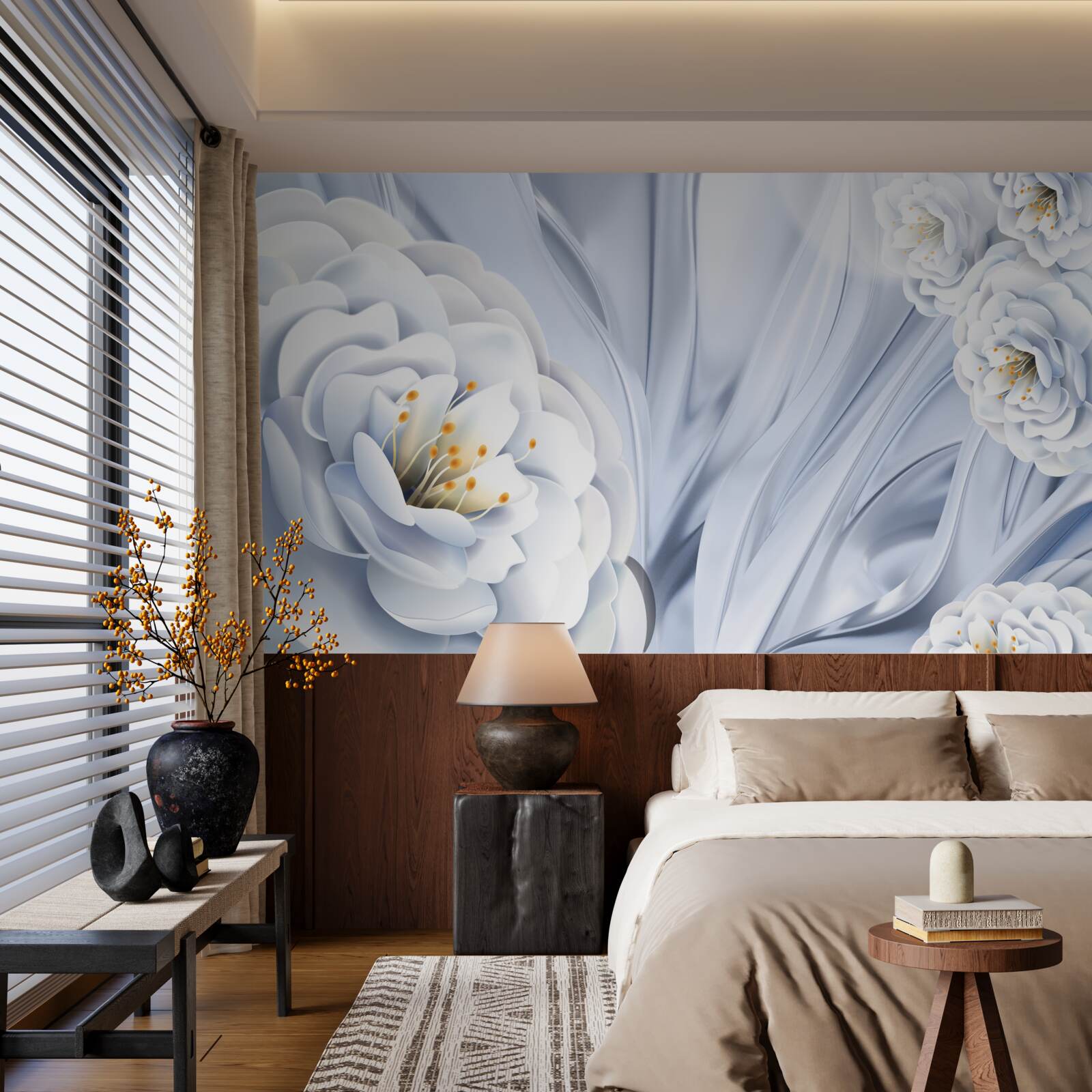 Fototapet muguri mari albi ca zăpada și frunze verzi