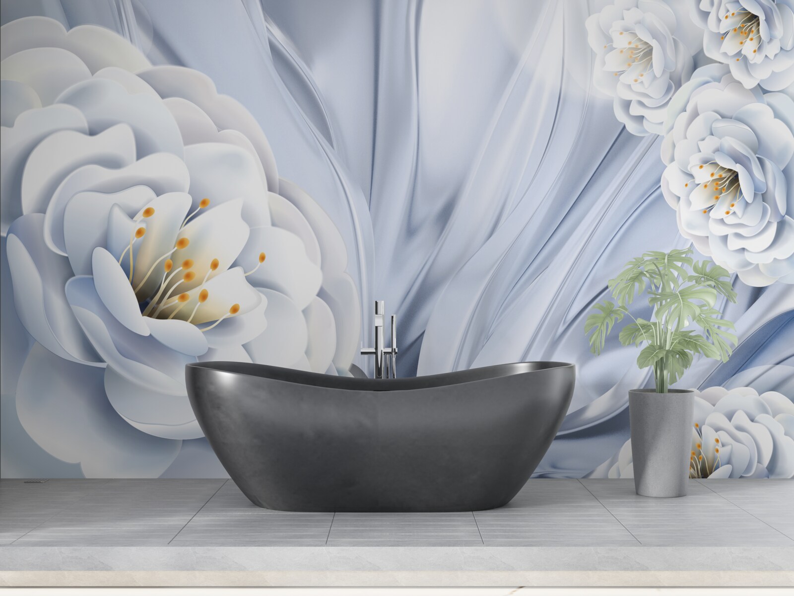 Fototapet muguri mari albi ca zăpada și frunze verzi