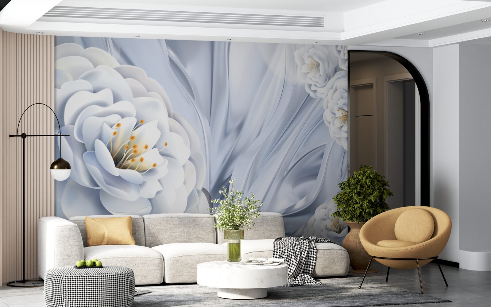 Fototapet muguri mari albi ca zăpada și frunze verzi