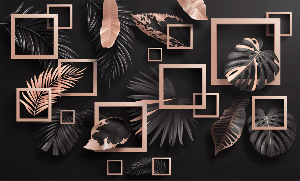 Fototapet abstracție tropicală în nuanțe de negru și auriu