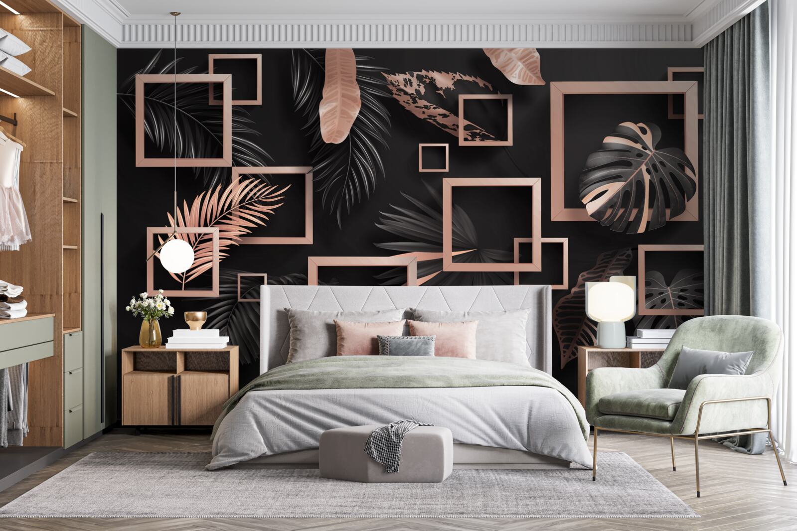 Fototapet abstracție tropicală în nuanțe de negru și auriu