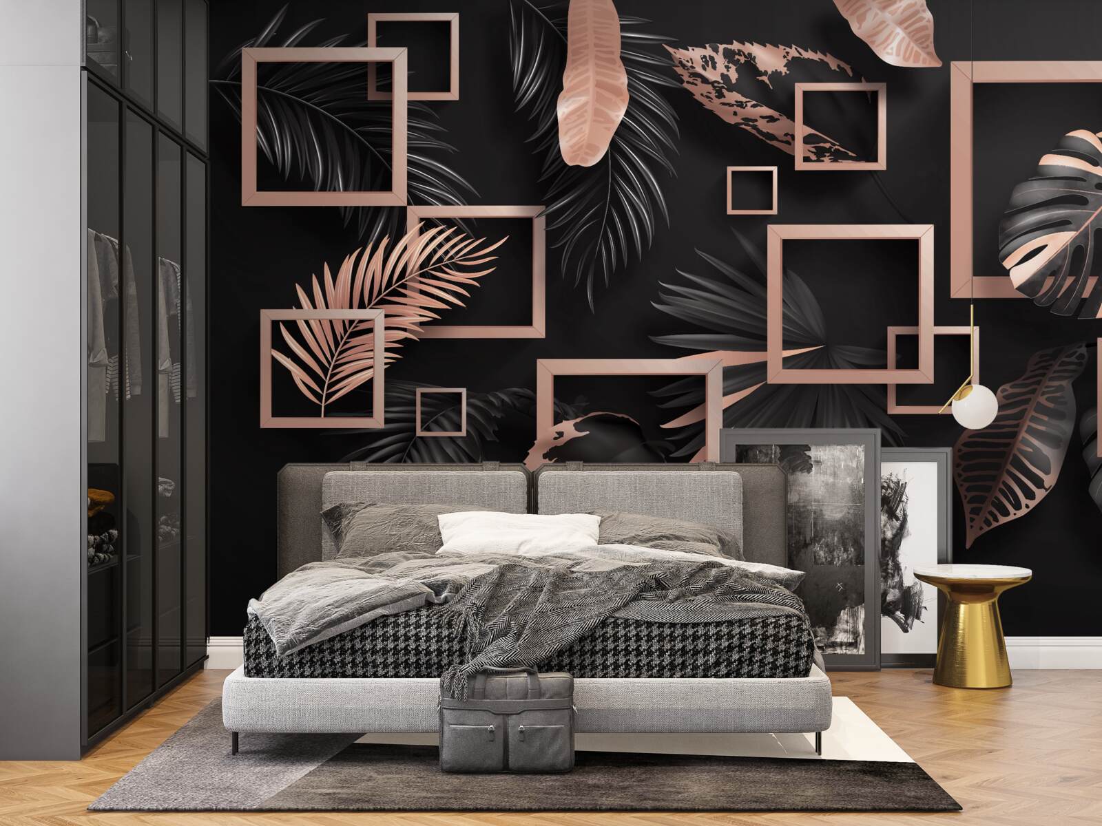 Fototapet abstracție tropicală în nuanțe de negru și auriu