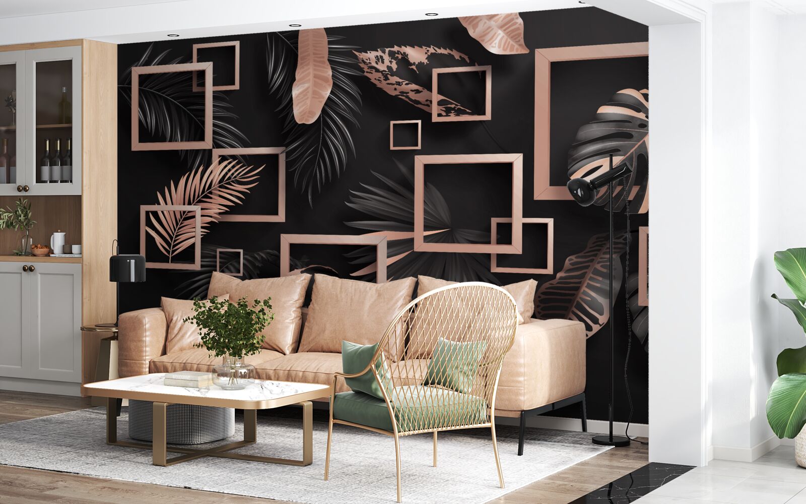 Fototapet abstracție tropicală în nuanțe de negru și auriu