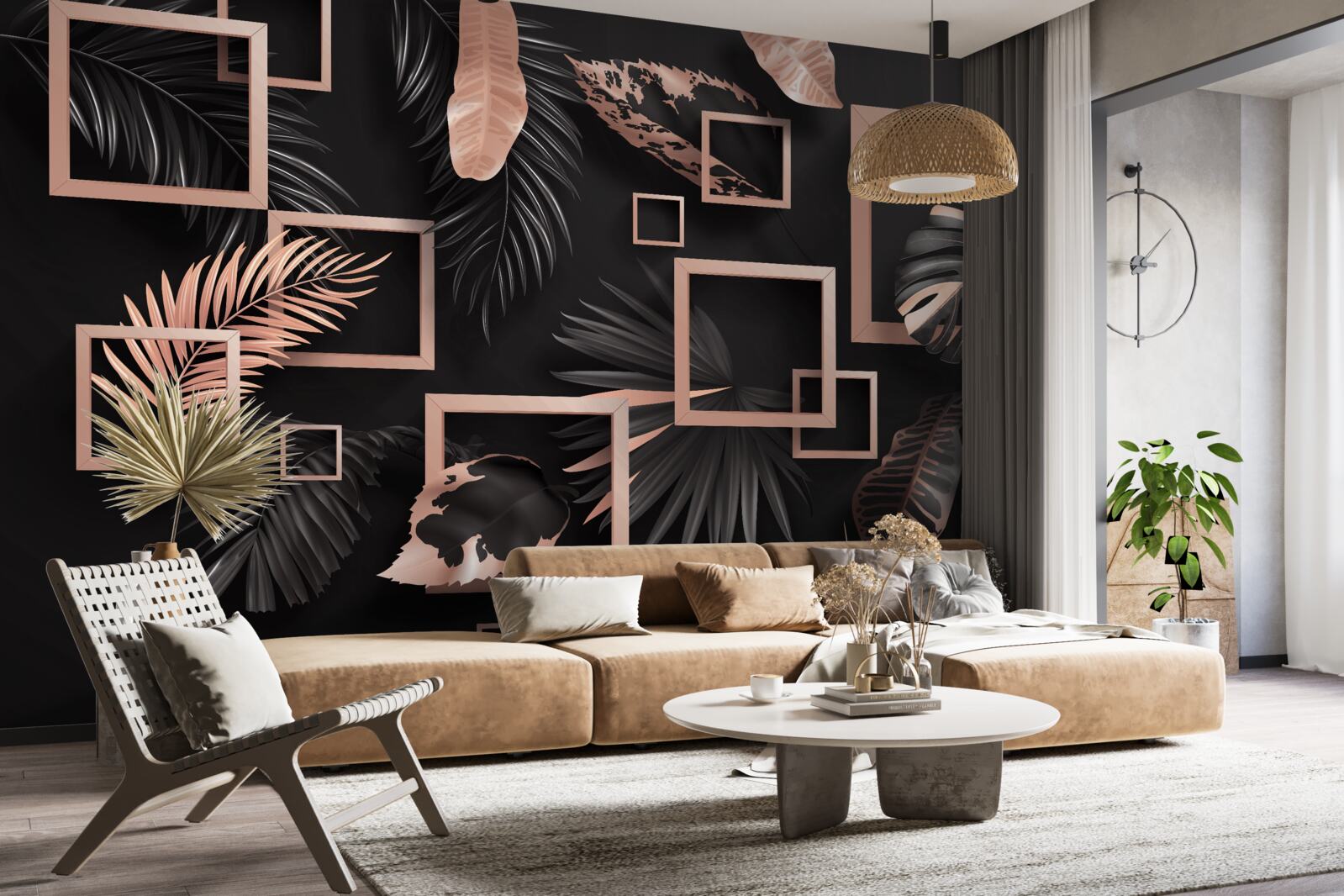 Fototapet abstracție tropicală în nuanțe de negru și auriu