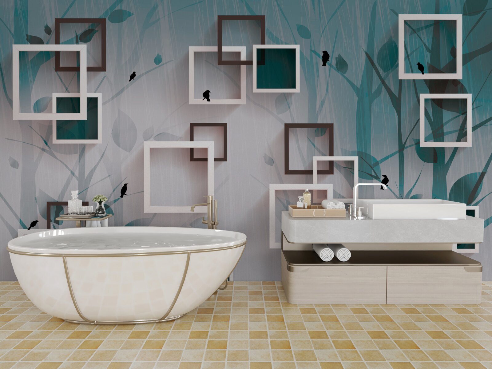 Fototapet pătrate albe ca zăpada pe un fundal de peisaj