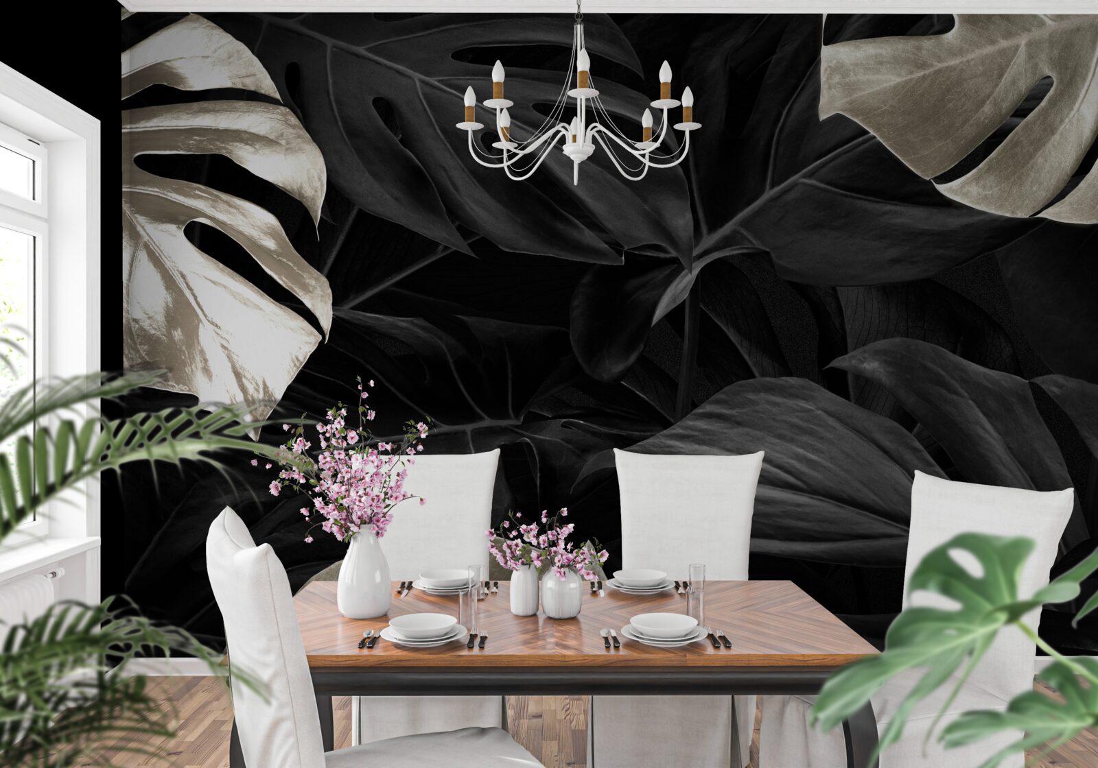 Fototapet Frunze de monstera albe ca zăpada pe un fundal negru