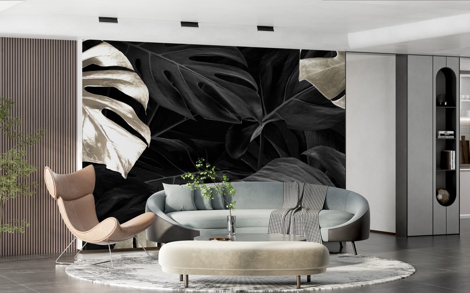 Fototapet Frunze de monstera albe ca zăpada pe un fundal negru