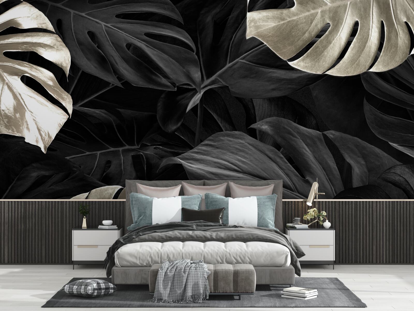 Fototapet Frunze de monstera albe ca zăpada pe un fundal negru