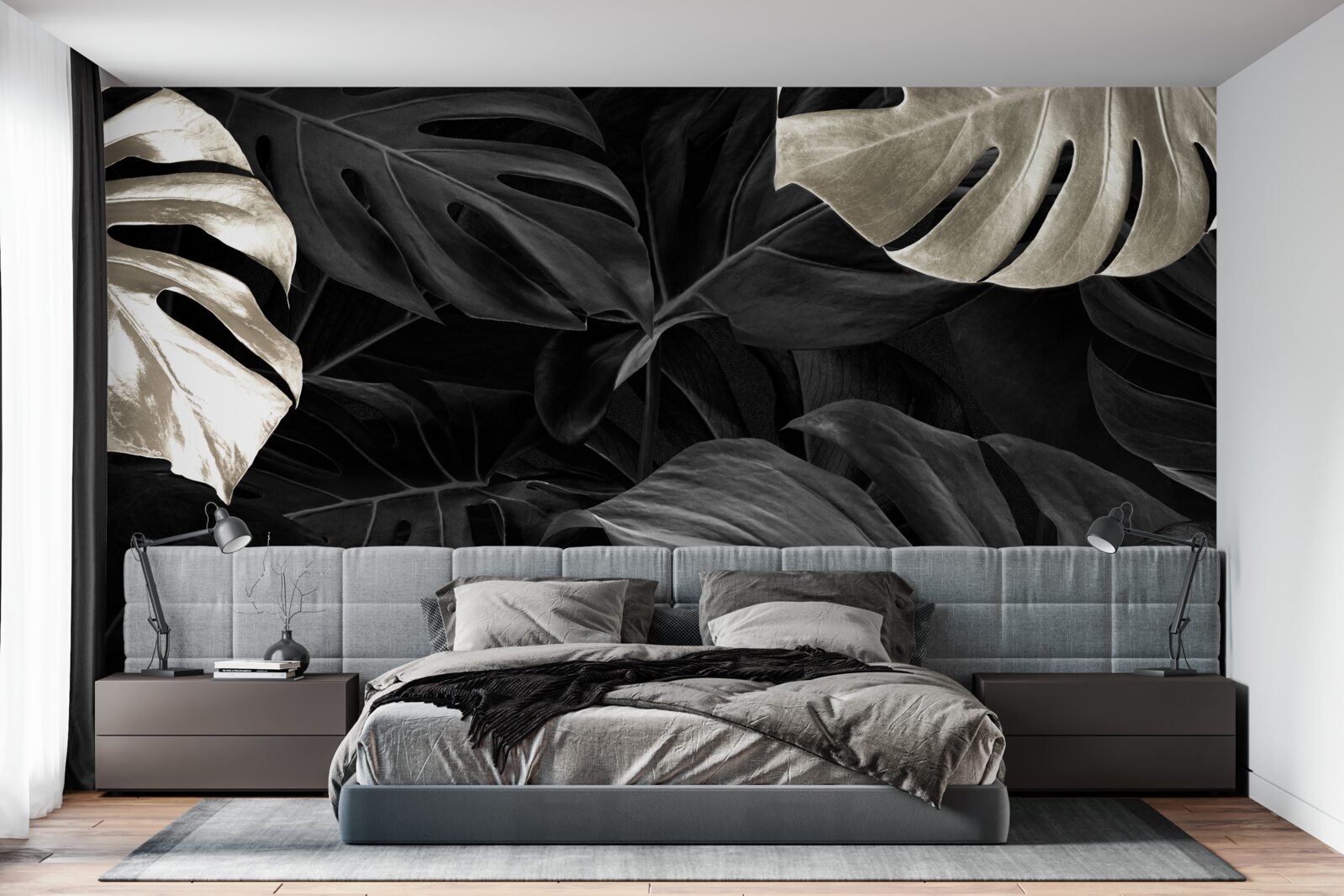 Fototapet Frunze de monstera albe ca zăpada pe un fundal negru