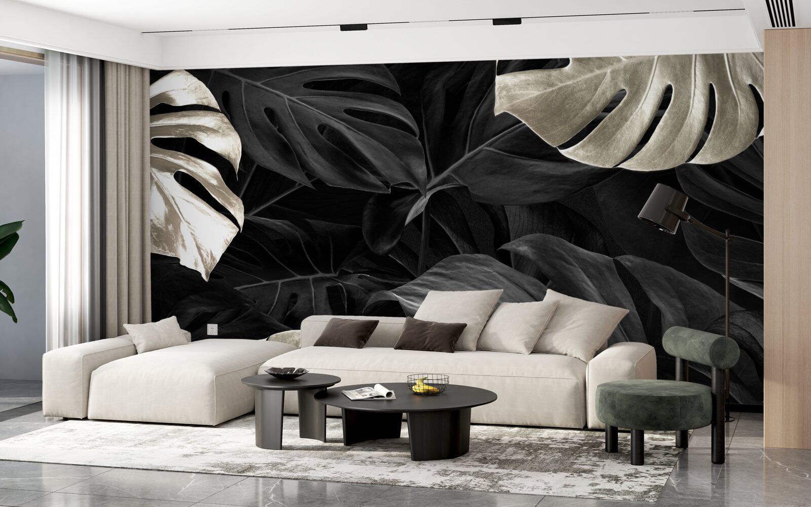 Fototapet Frunze de monstera albe ca zăpada pe un fundal negru