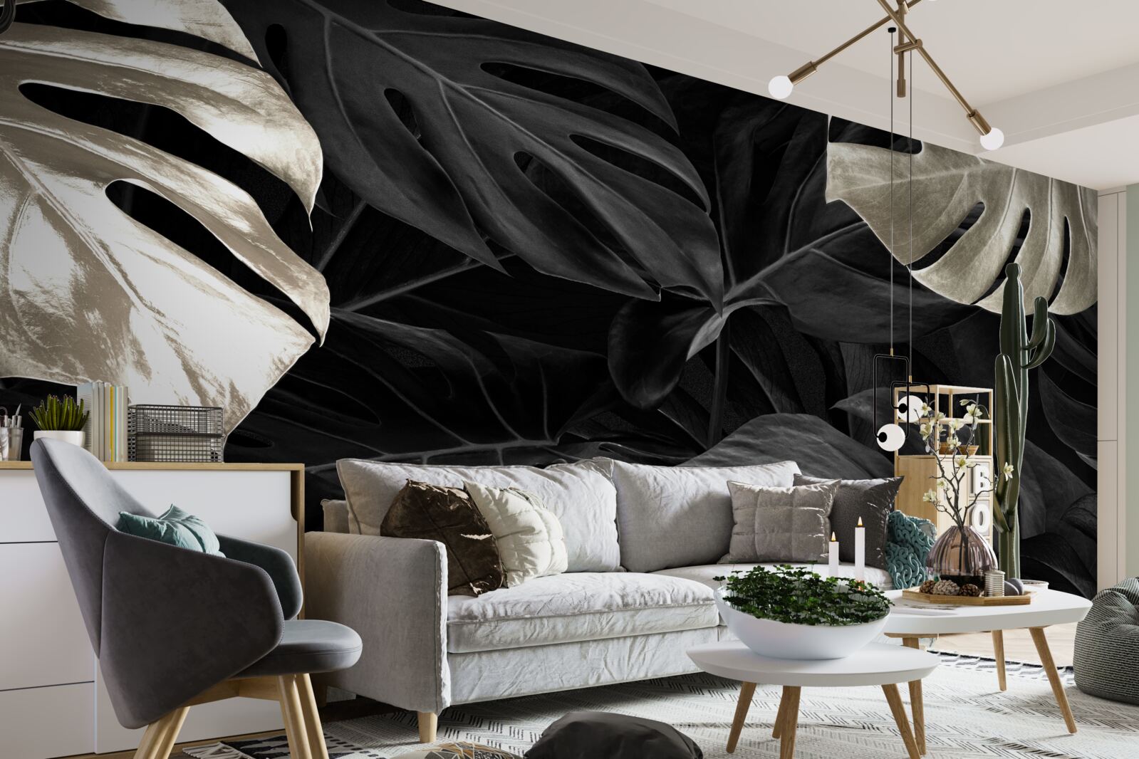 Fototapet Frunze de monstera albe ca zăpada pe un fundal negru