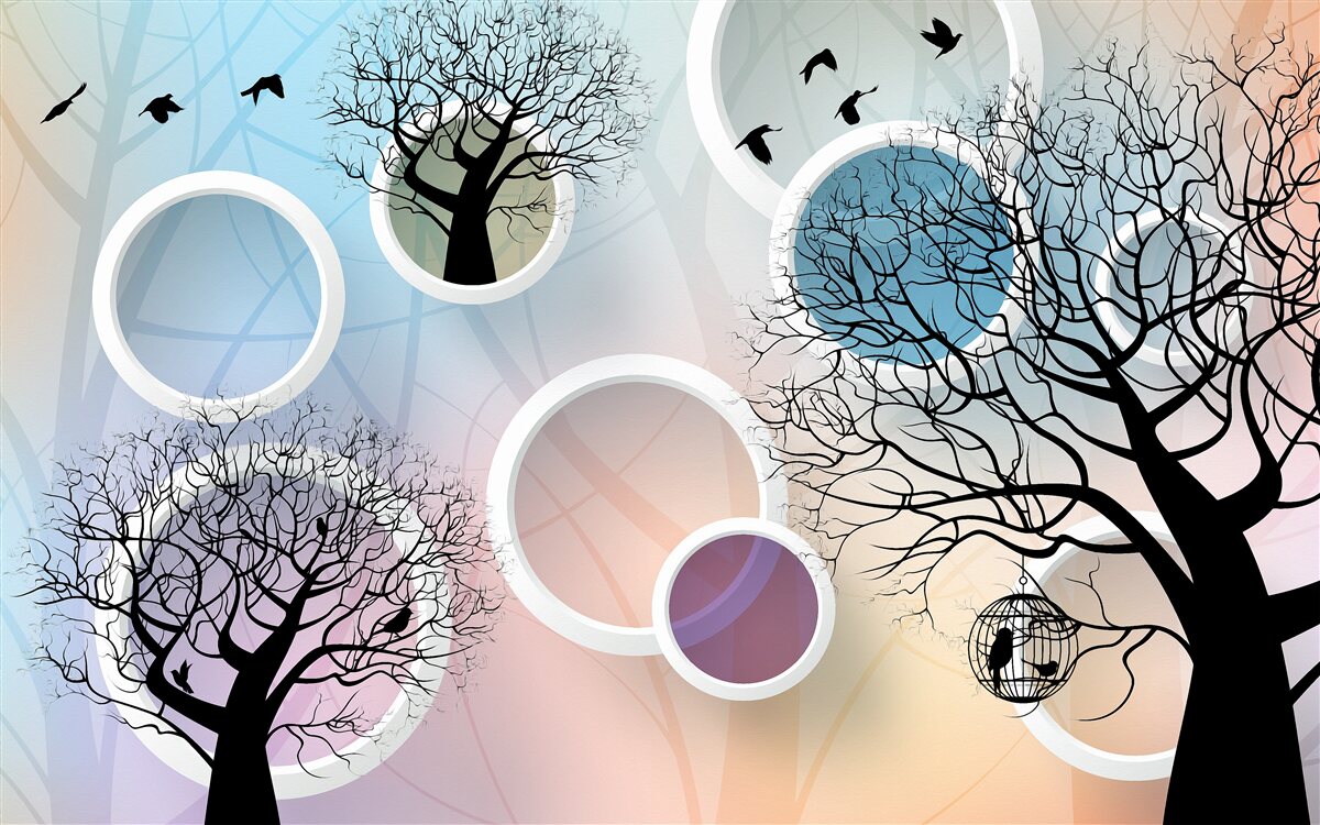 Fototapet vopsele mari reprezentând copaci multicolori și cercuri albe