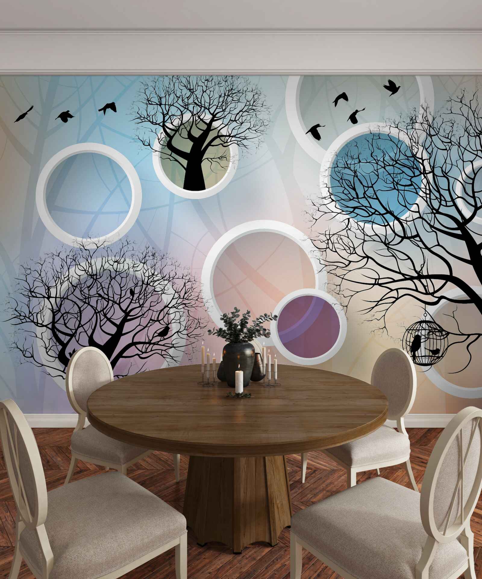 Fototapet vopsele mari reprezentând copaci multicolori și cercuri albe