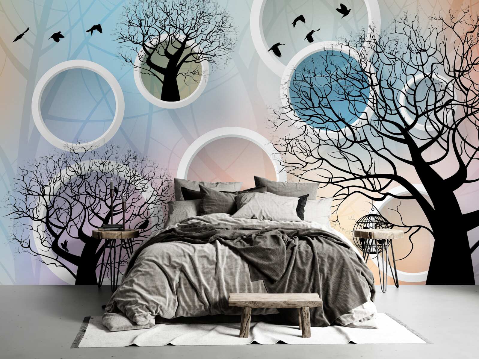 Fototapet vopsele mari reprezentând copaci multicolori și cercuri albe