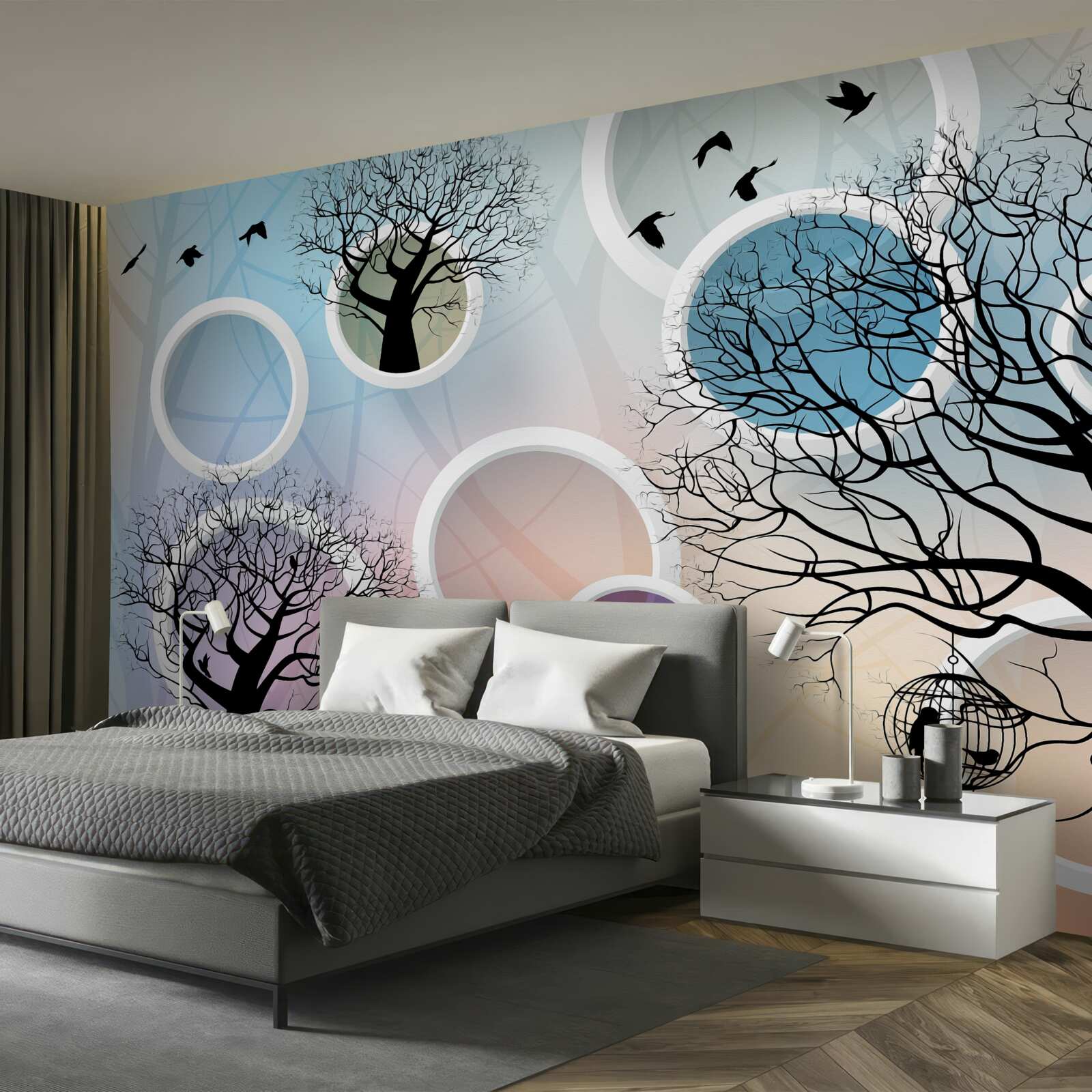 Fototapet vopsele mari reprezentând copaci multicolori și cercuri albe