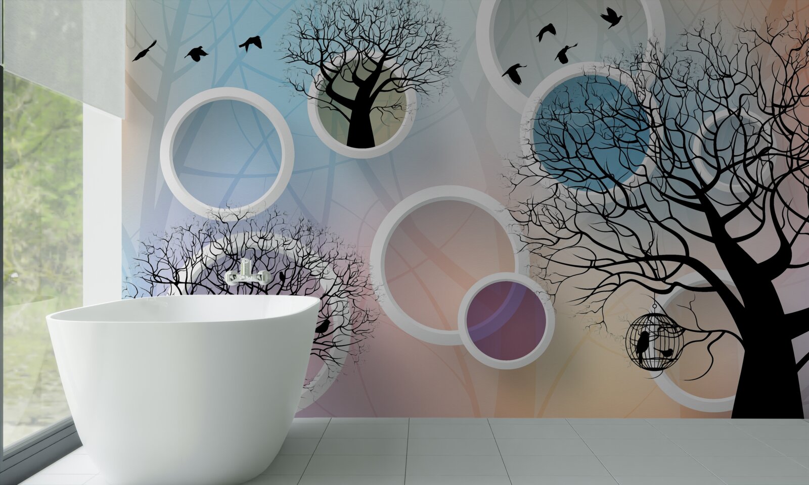 Fototapet vopsele mari reprezentând copaci multicolori și cercuri albe