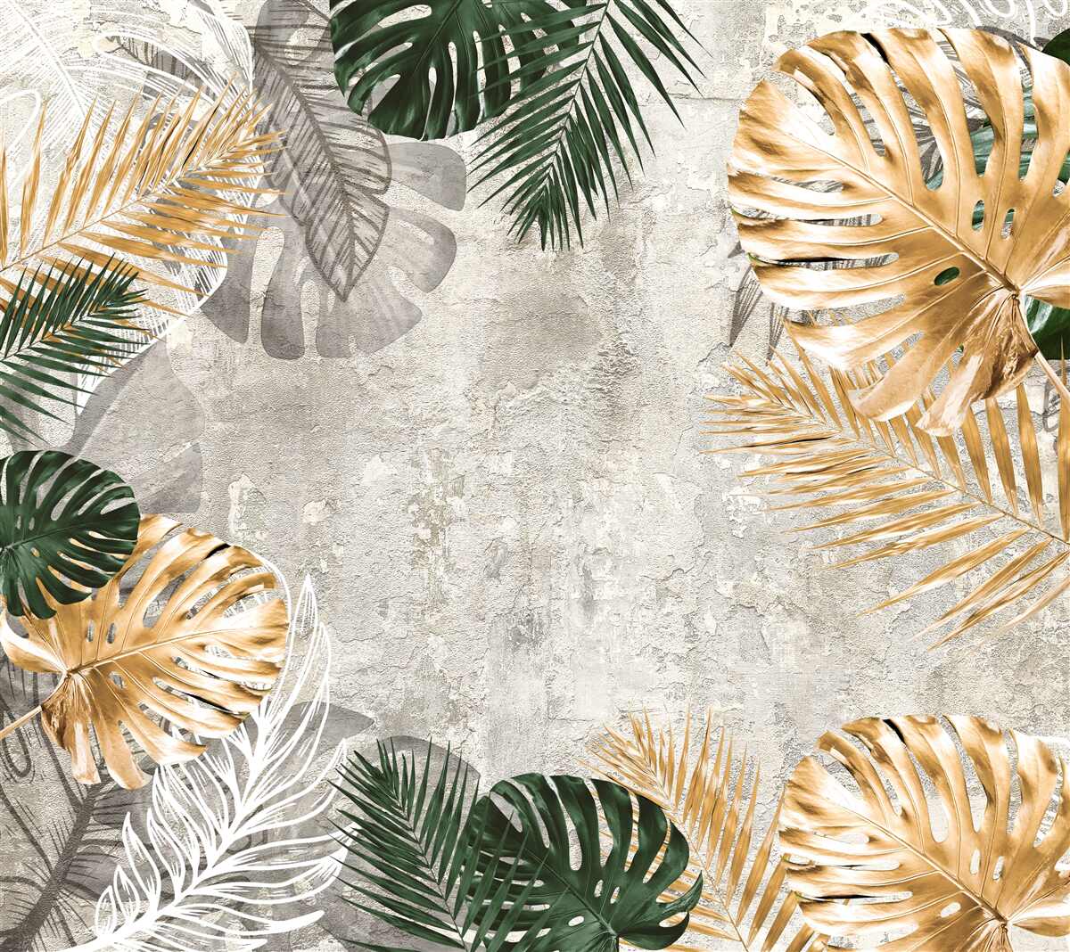 Fototapet monstera cu frunze aurii și verzi