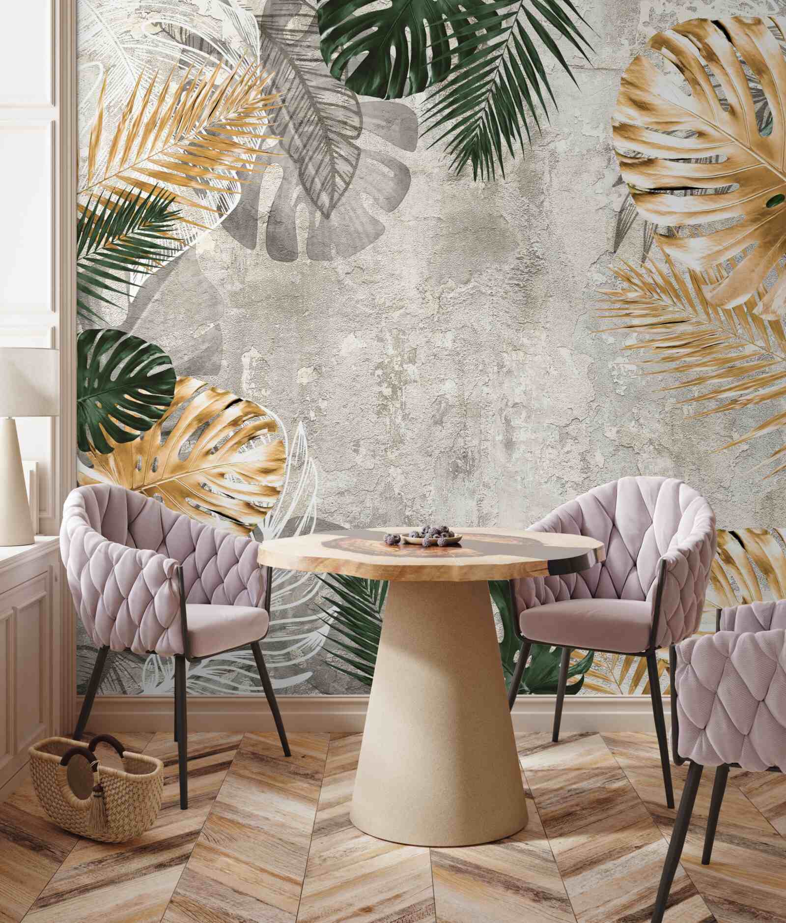 Fototapet monstera cu frunze aurii și verzi