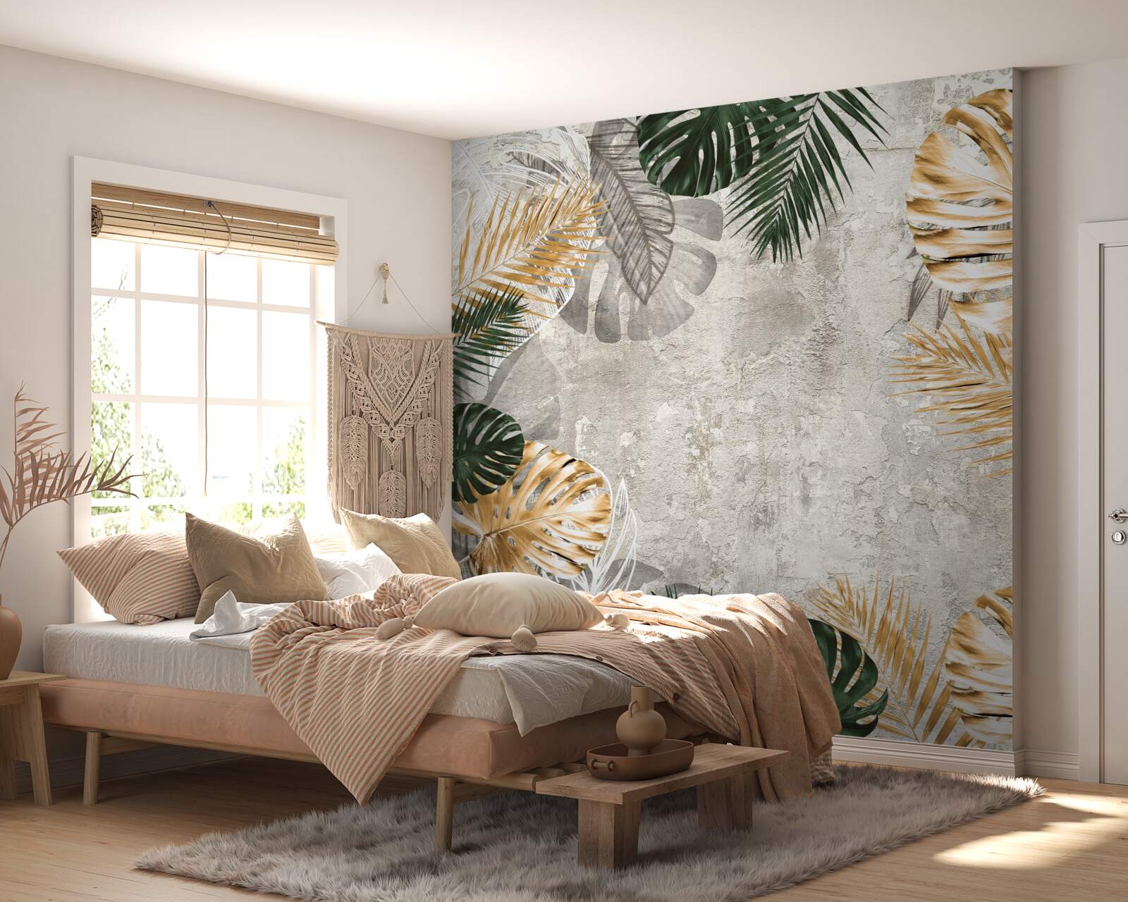 Fototapet monstera cu frunze aurii și verzi