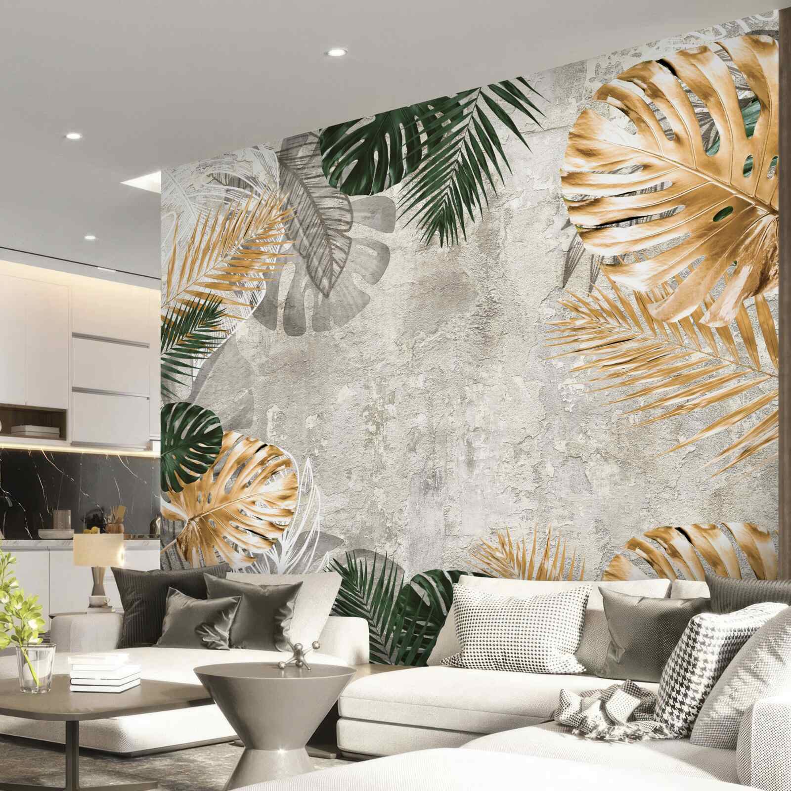 Fototapet monstera cu frunze aurii și verzi