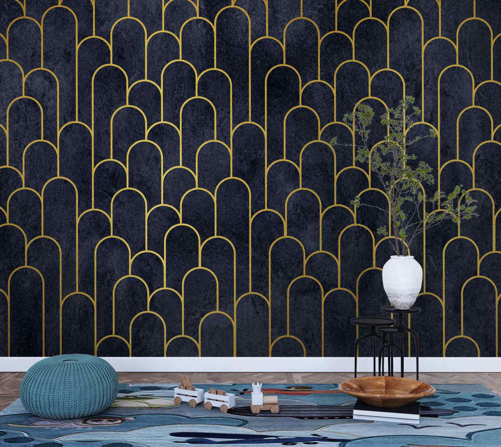 Fototapet coloane semicirculare albastre din bronz