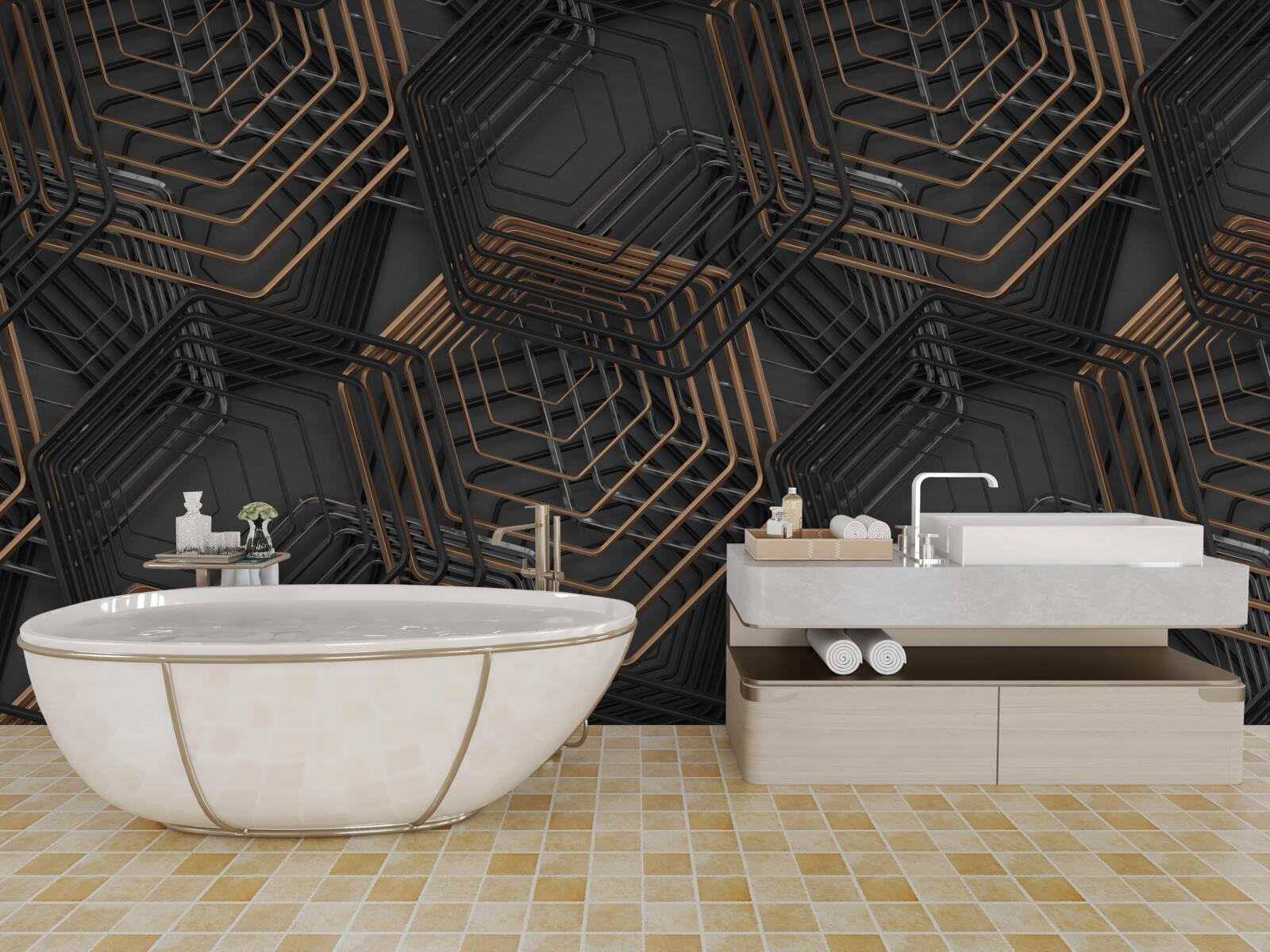 Fototapet pentagoane negre și maro cu structură grilă