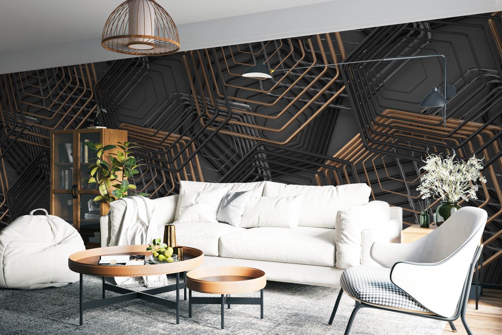 Fototapet pentagoane negre și maro cu structură grilă