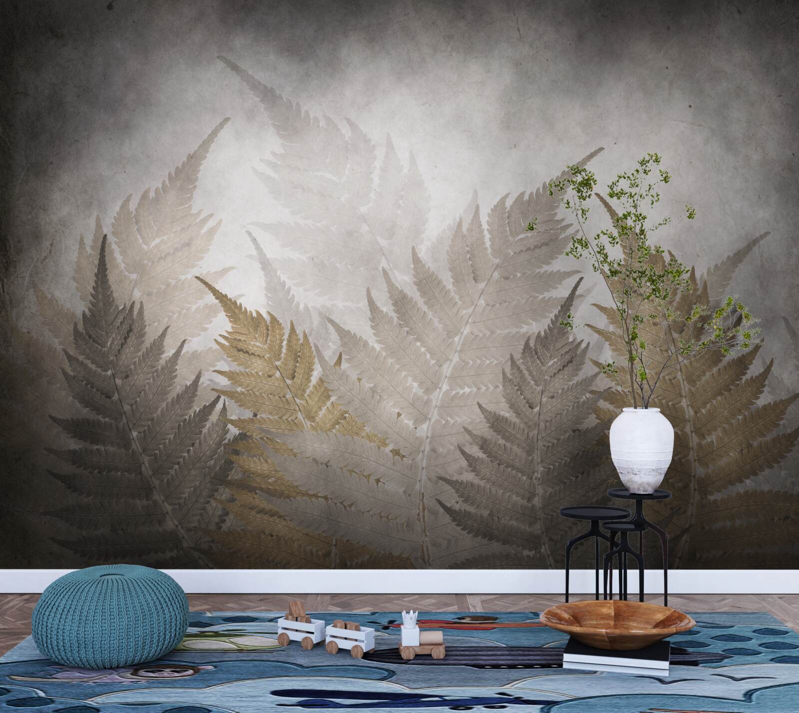 Fototapet frunze de ferigă învăluite în ceață în pădure