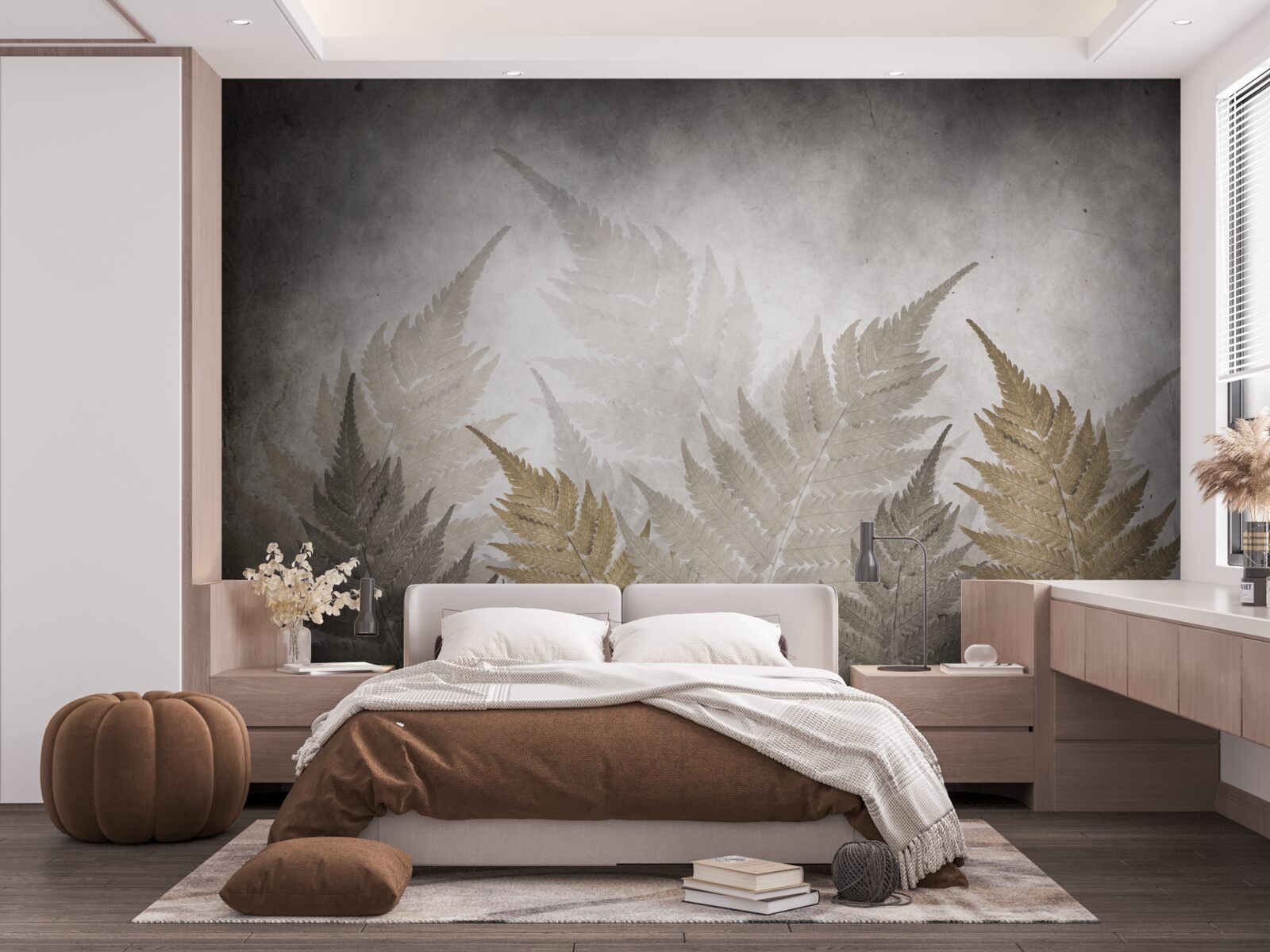 Fototapet frunze de ferigă învăluite în ceață în pădure