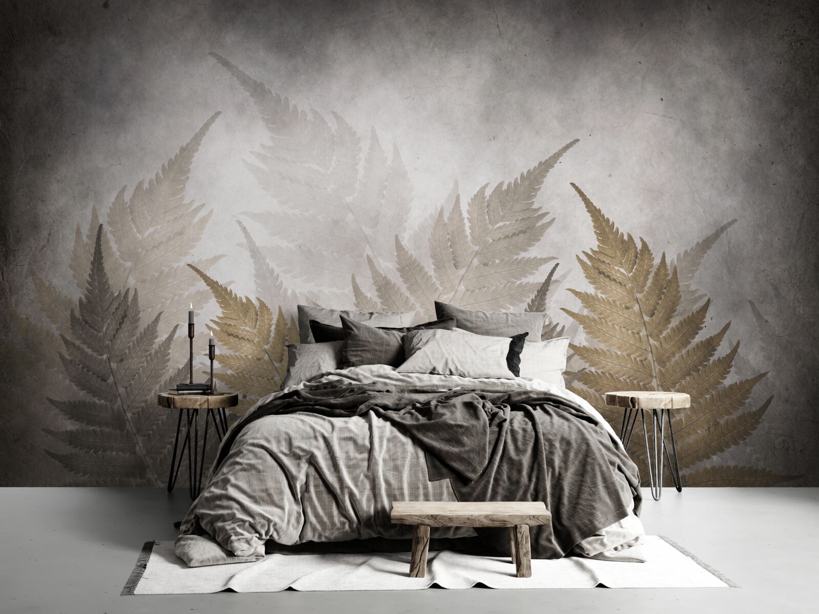 Fototapet frunze de ferigă învăluite în ceață în pădure