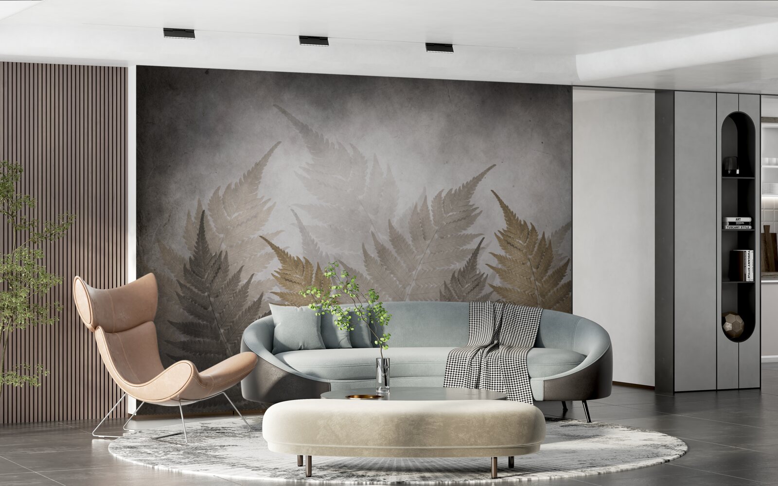 Fototapet frunze de ferigă învăluite în ceață în pădure