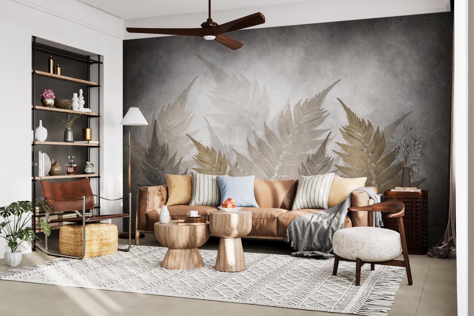 Fototapet frunze de ferigă învăluite în ceață în pădure