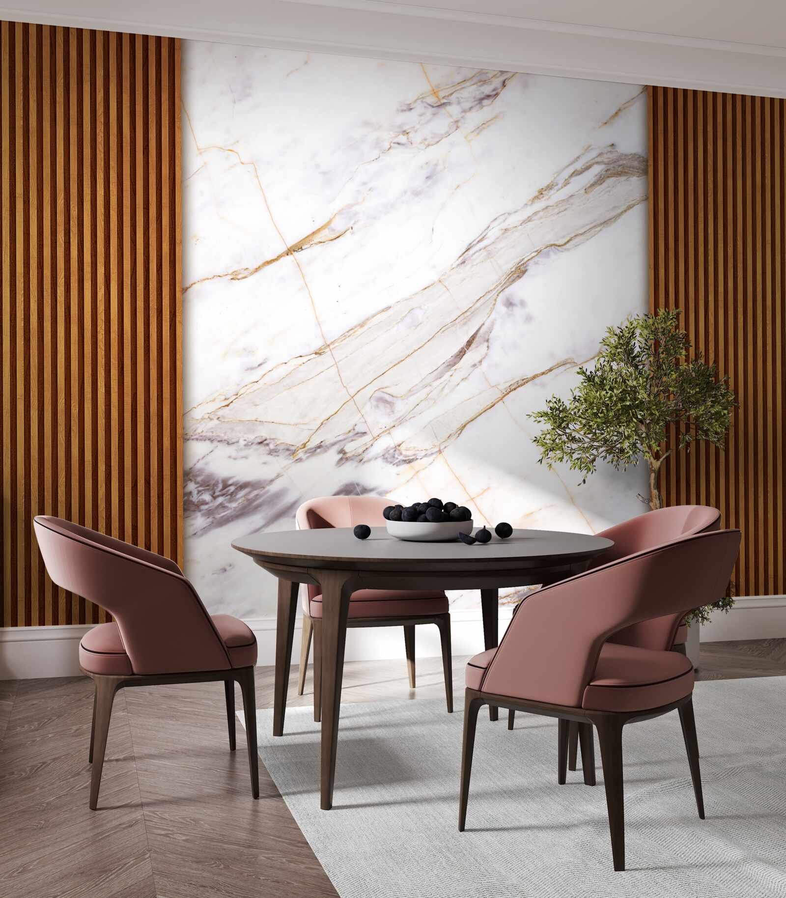 Fototapet lemn decorat cu marmură albă