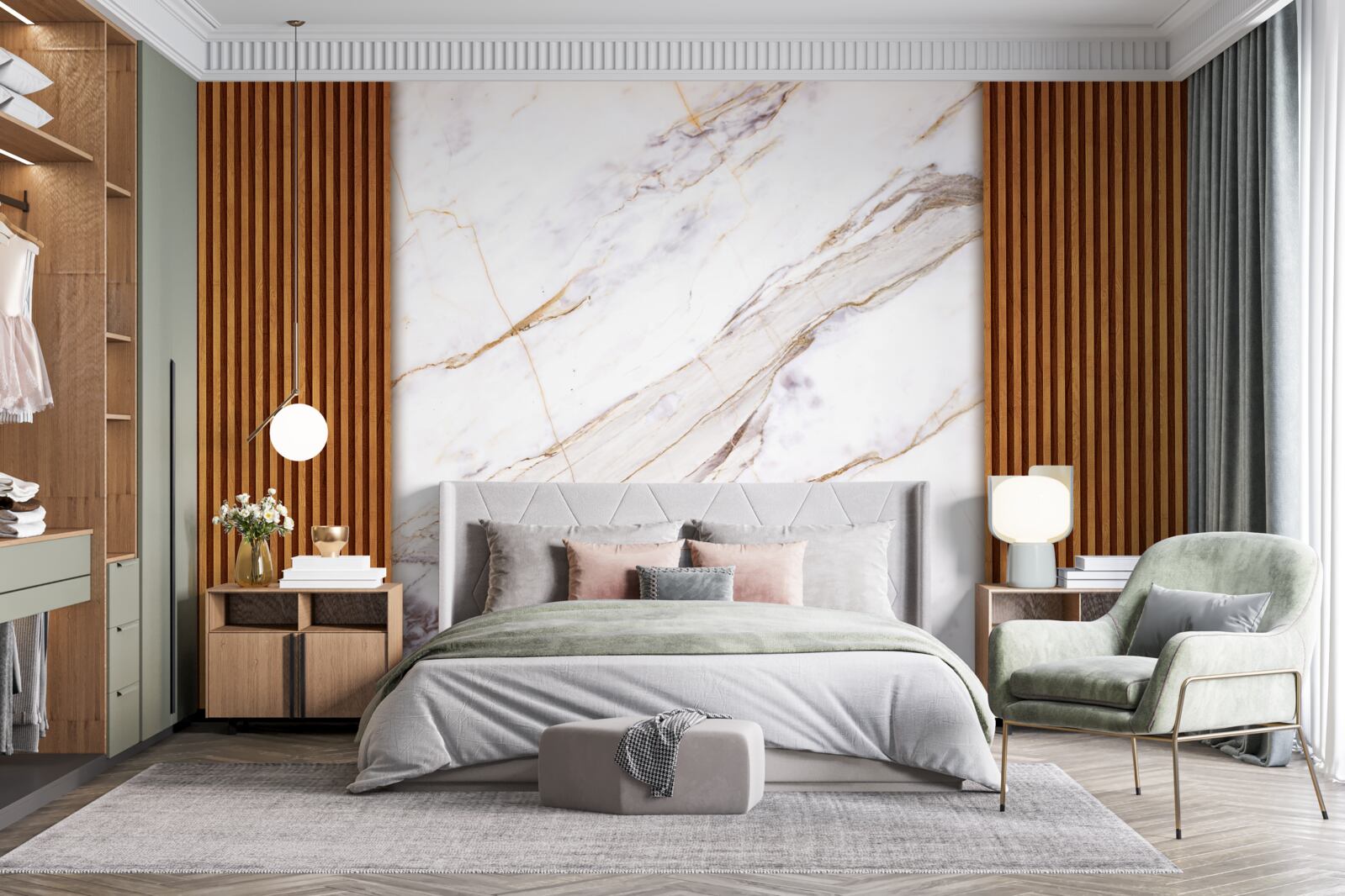 Fototapet lemn decorat cu marmură albă