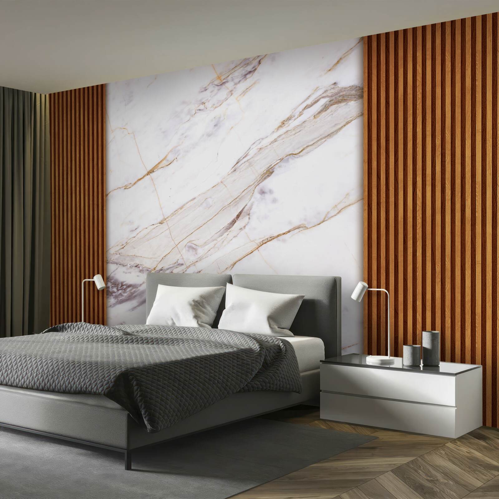 Fototapet lemn decorat cu marmură albă