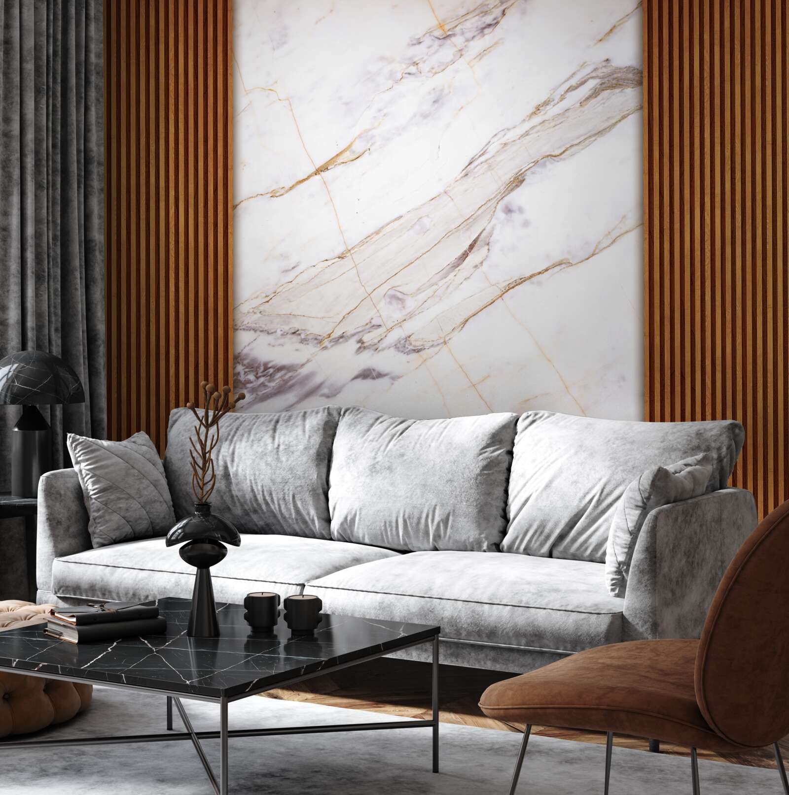 Fototapet lemn decorat cu marmură albă