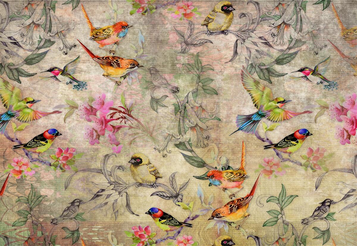 Fototapet grup de păsări exotice în copaci