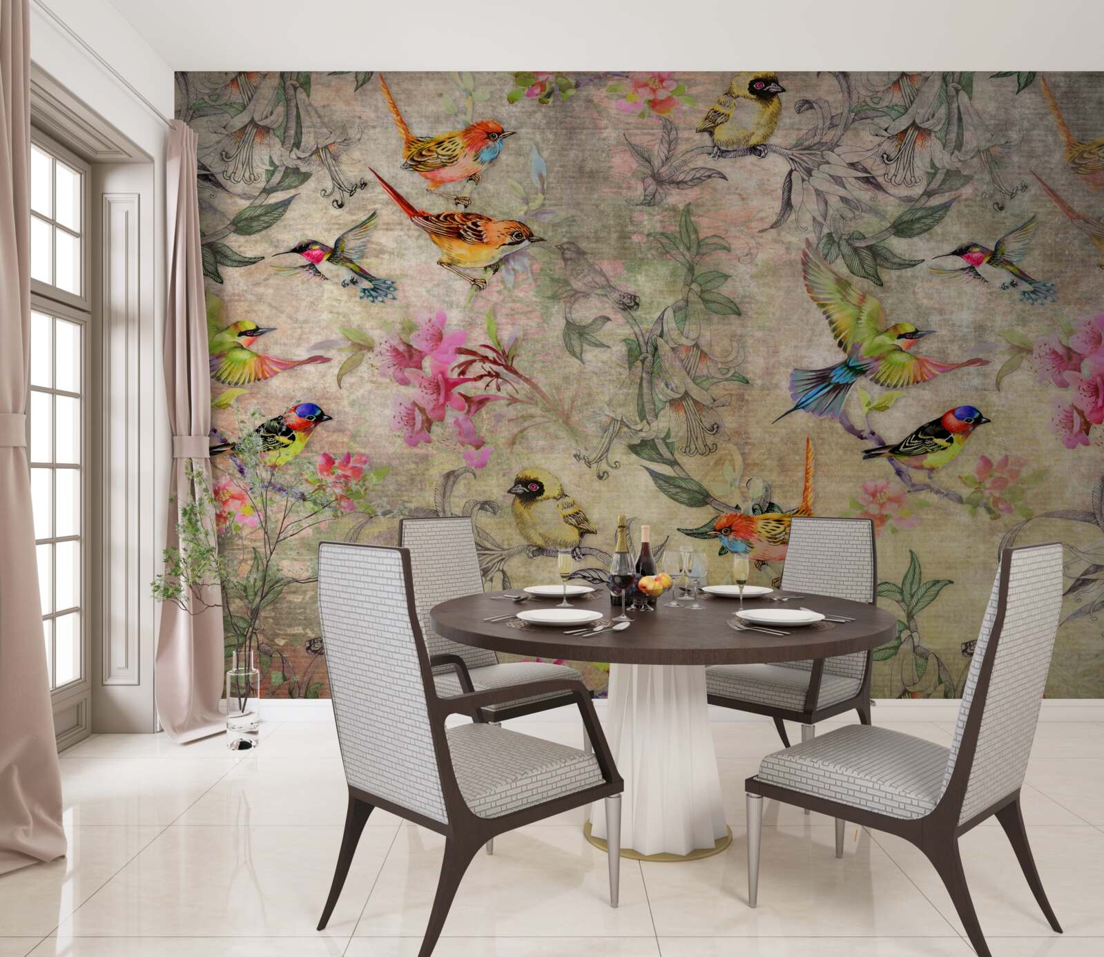 Fototapet grup de păsări exotice în copaci