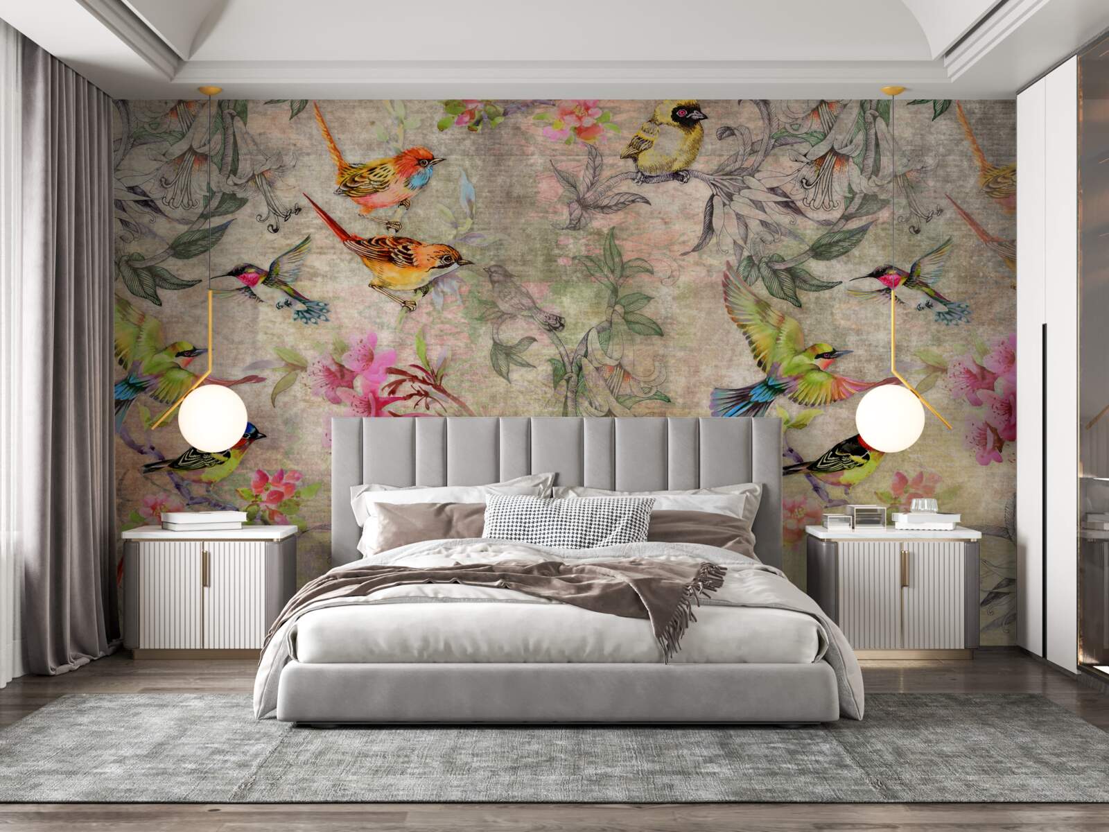 Fototapet grup de păsări exotice în copaci