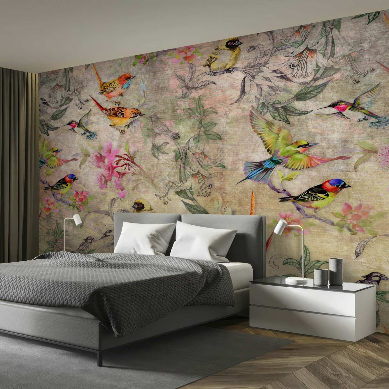 Fototapet grup de păsări exotice în copaci