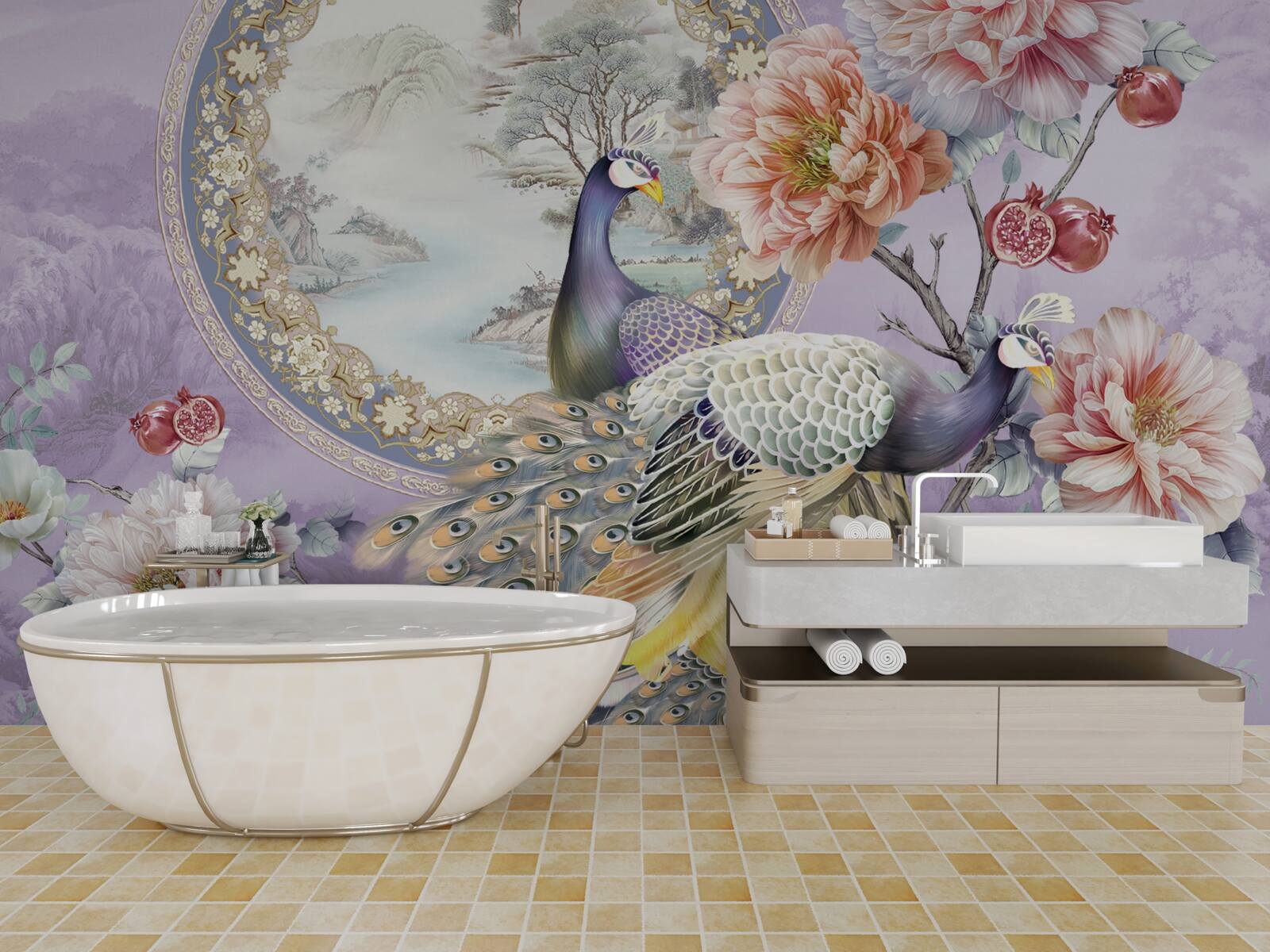 Fototapet păuni eleganți printre flori