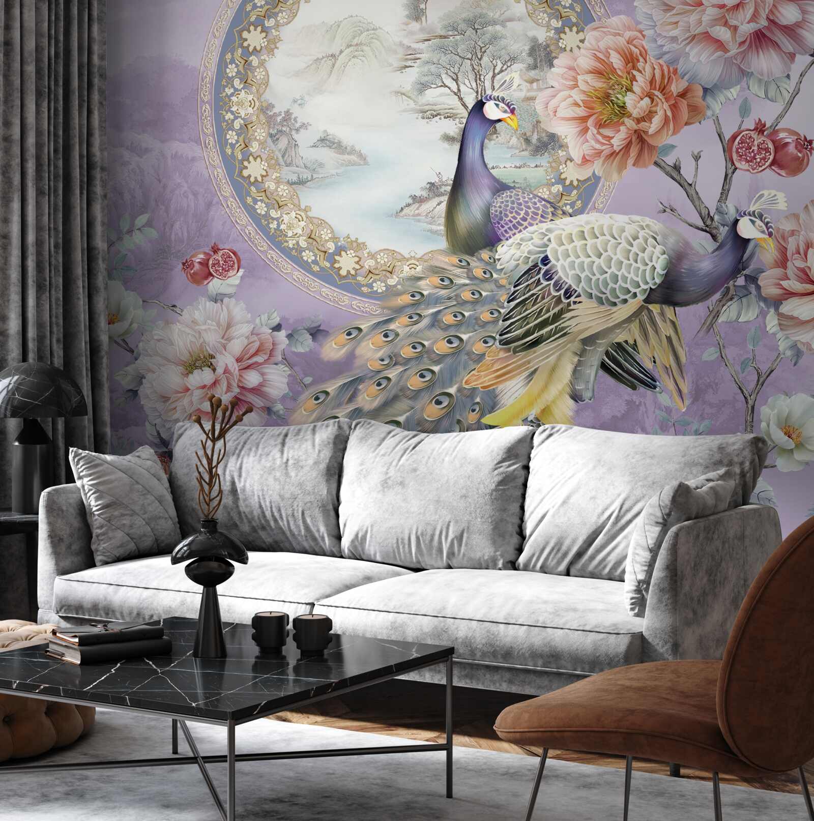 Fototapet păuni eleganți printre flori