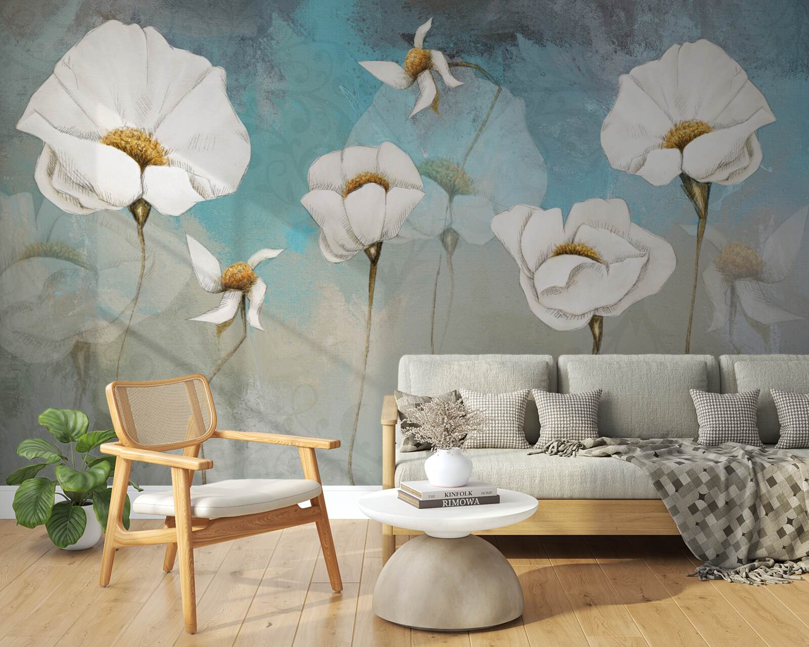 Fototapet flori delicate de mac alb