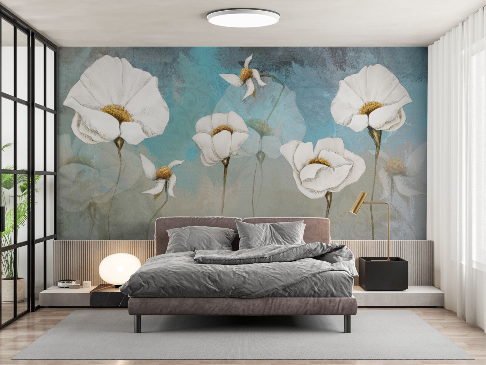 Fototapet flori delicate de mac alb