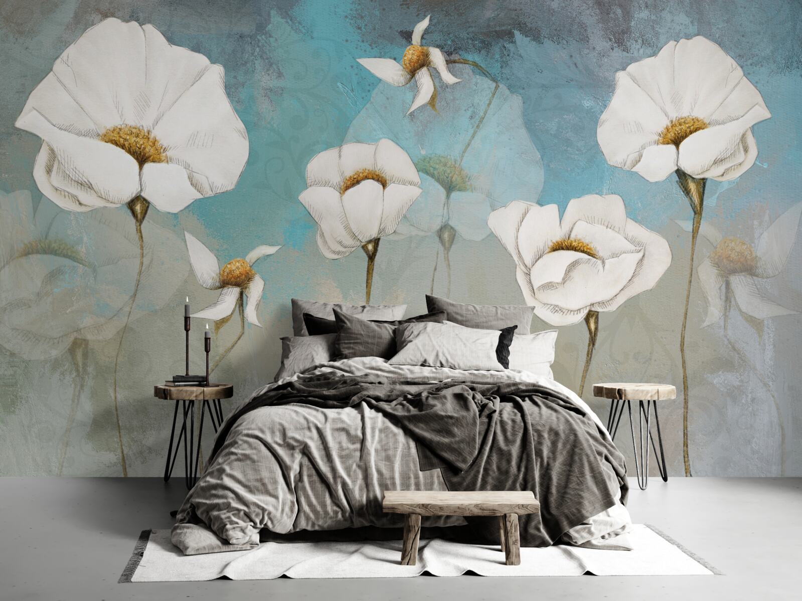 Fototapet flori delicate de mac alb