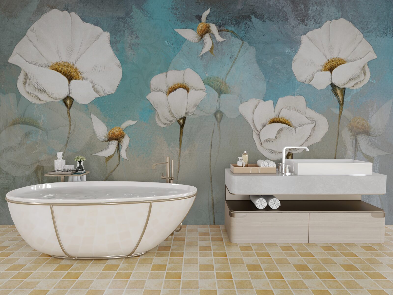 Fototapet flori delicate de mac alb