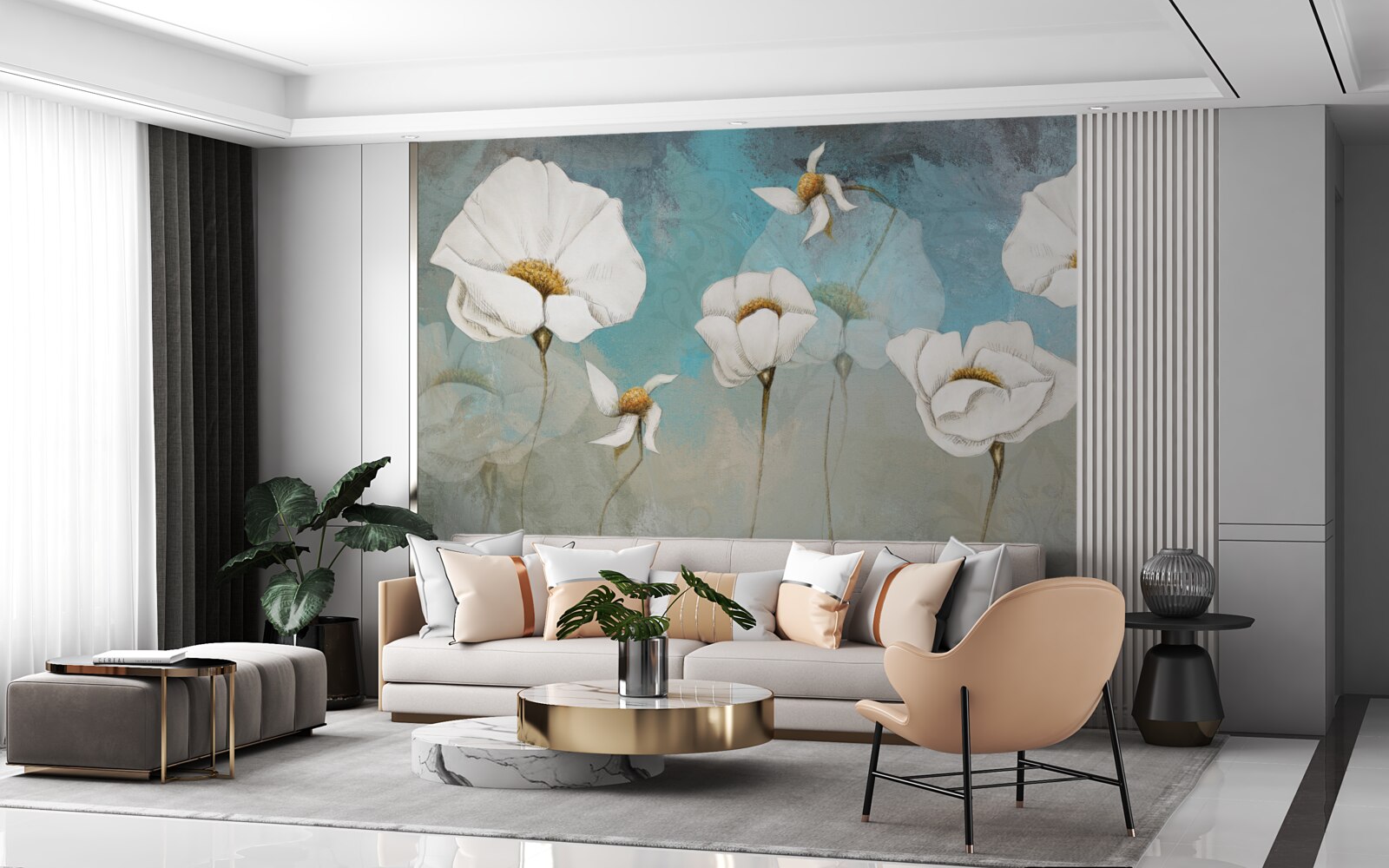 Fototapet flori delicate de mac alb