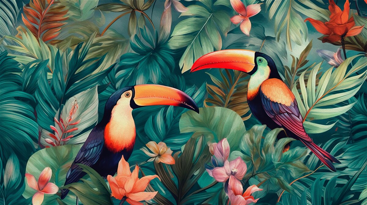 Fototapet papagali mari printre frunze