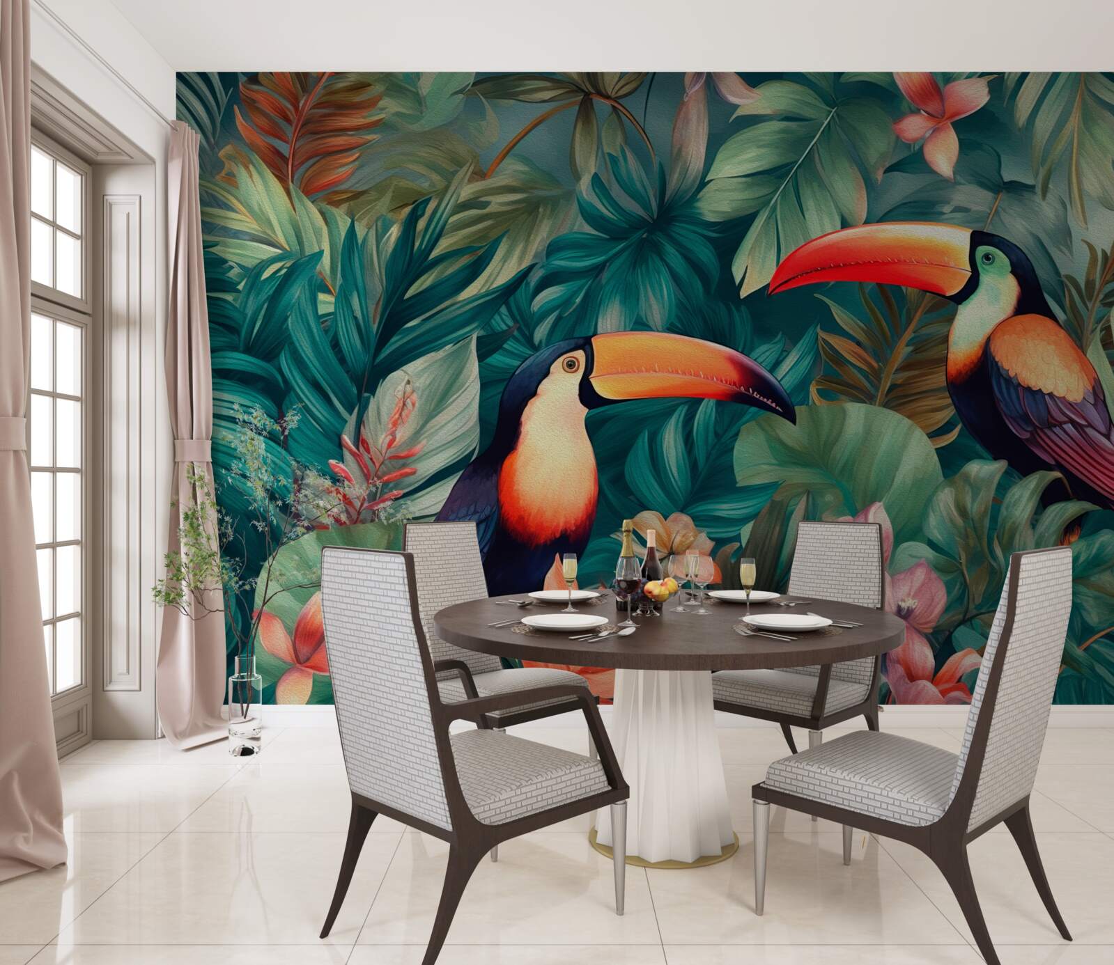 Fototapet papagali mari printre frunze